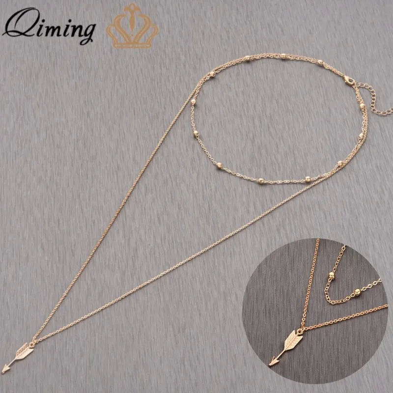 QIMING многослойное Женское Ожерелье Длинная цепочка металлические бусины стрелы