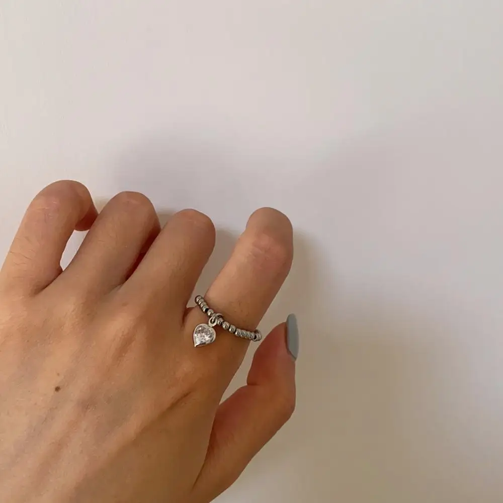 

Kpop 2020 New Korean Zircon Heart Pendant Round Bead Titanium Steel Elastic Adjustable Rings for Women Party Jewelry