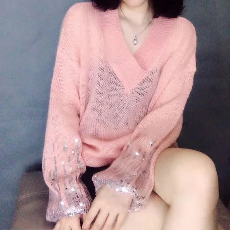 

2022 New Autumn Women Mohair Pullovers Fashion Lazy Korean Pink V Neck Knitting Hollow Out Soft Thin Sweaters Knitwear Y98