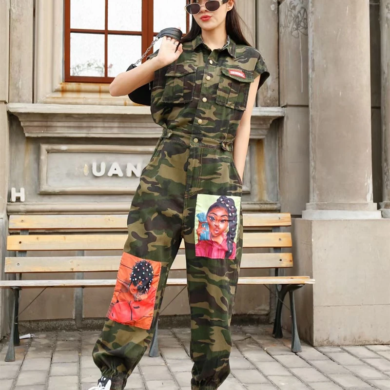 Camouflage jumpsuit women's European station loose-fitting high-waisted heavy-duty beaded cloth tooling fried street jumpsuit