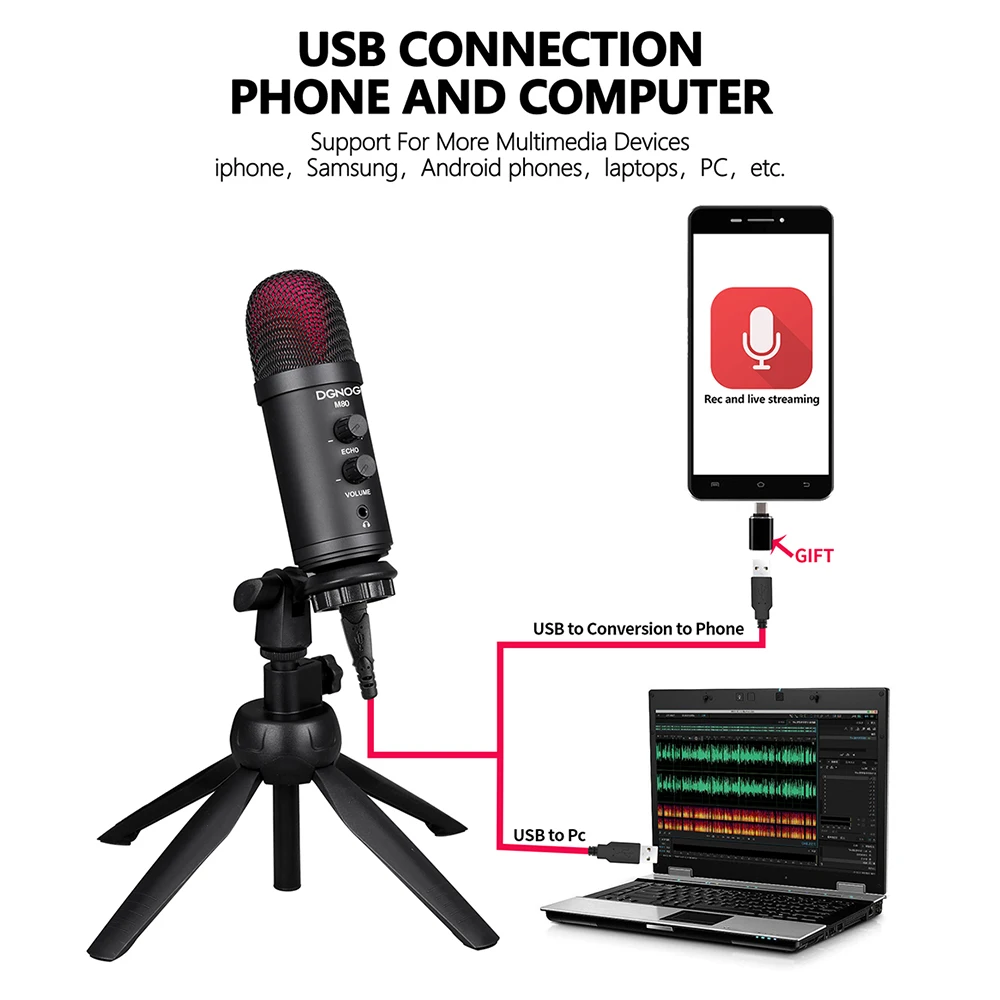 Конденсаторный USB-микрофон для ПК игровой Bluetooth-микрофон телефона с подставкой и