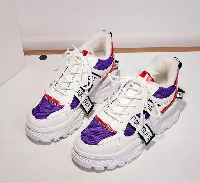 Purple plus cotton Г., новые весенние кожаные женские кроссовки на платформе модная женская обувь на плоской толстой подошве женская обувь для папы - Цвет: Purple plus cotton