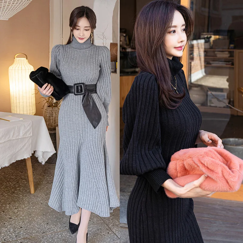 

2020 Korean Winter Women's Warm Turtleneck Knitted Dresses Lantern Sleeve Mermaid Dress Elegant Bottoming Vestidos