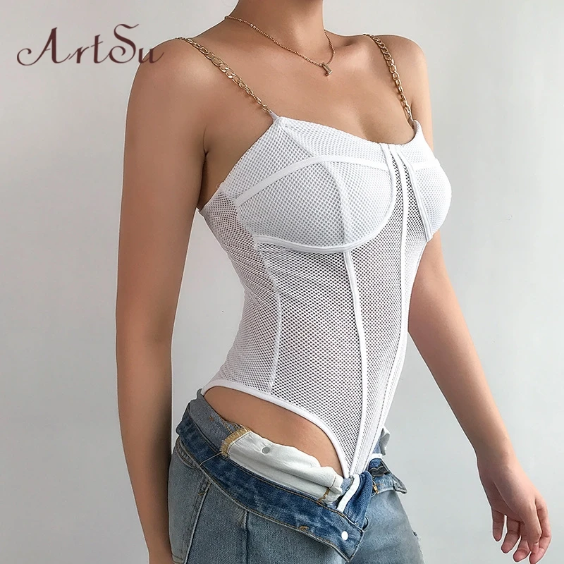 Боди на бретельках с металлическими цепочками Artsu сетчатый комбинезон Mujers