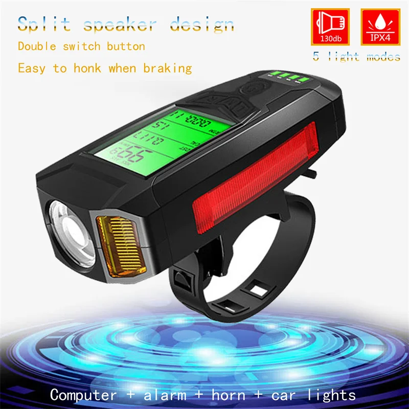 

JumpingFish 3 in 1 USB Bicycle Flashlight 5 LED Bicycle Computer/Horn Bike Front Light IPX4 Waterproof Headlight Odometer Bike