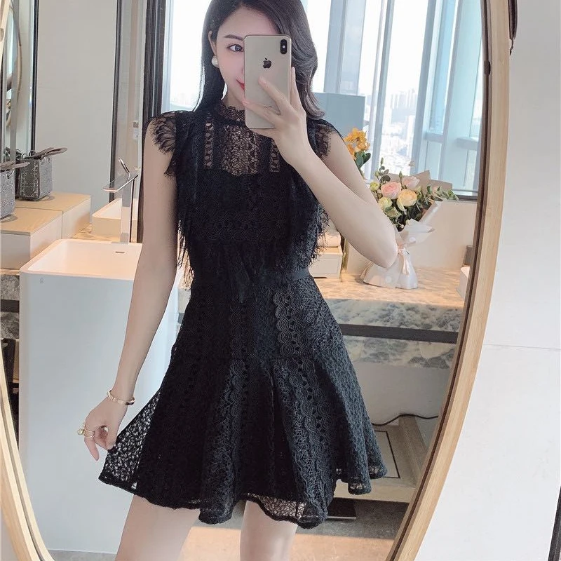 Женское кружевное платье без рукавов черное ажурное с оборками лето 2019|Женские