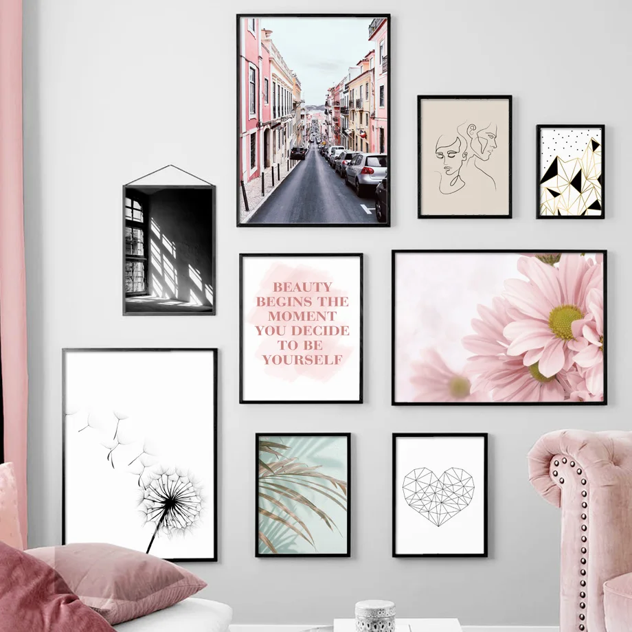 Розовый цветок Одуванчик лист Геометрия дорога настенная живопись холст