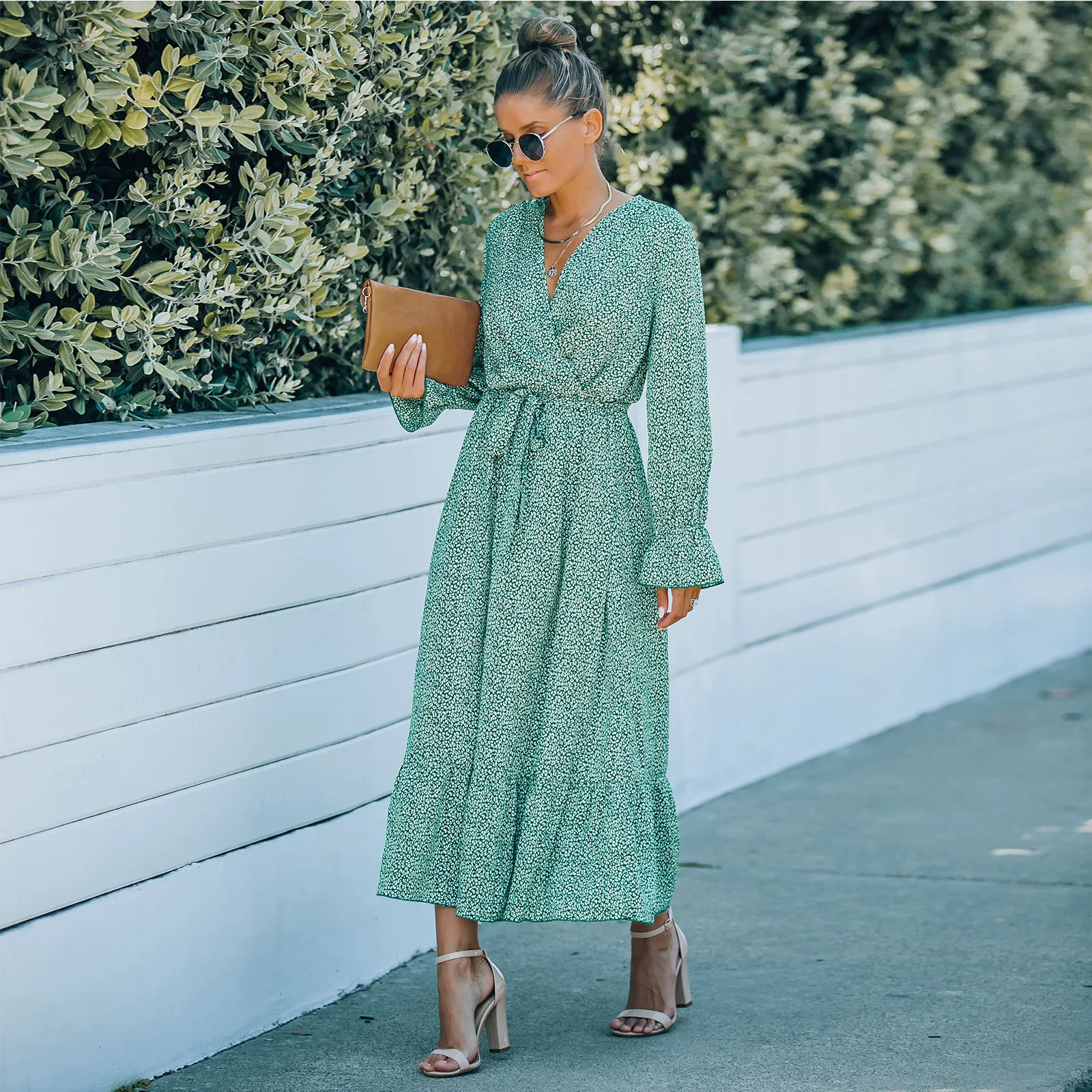 

Elegant 2021 Women Green Vintage V-Neck Long Sleeve Print Midi Dress A-line Sexy Slit Hem Streetwear Casual Female Clothing