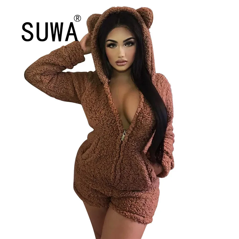 

Solid Plush Slim Fit Rompers Womens Jumpsuit Sweet Long Sleeve Hooded Pockets Short Playsuit Casual Home Zipper Thick Bodysuits