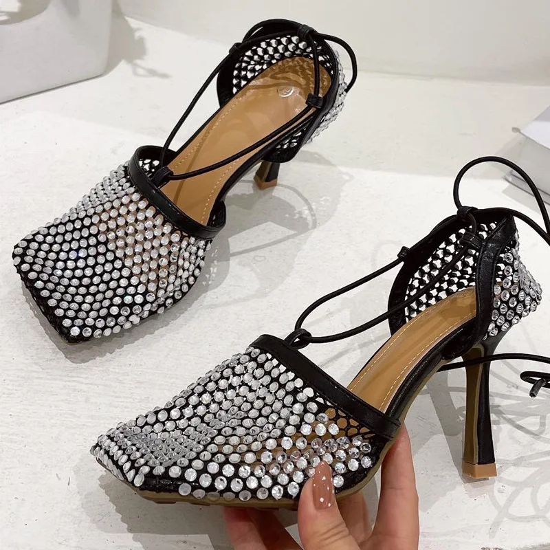 

2022 Hot Rhinestone Mesh Lace-up Sandals High Heels Women Pumps Shoes Woman Heels Tacones Mujer Wedding Shoes Bombas Ladies