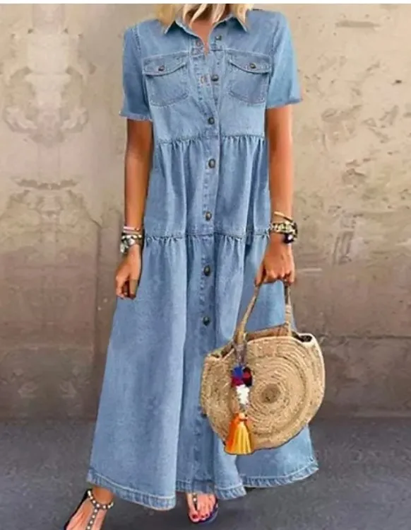 

European and American denim style long multi-button distressed dress
