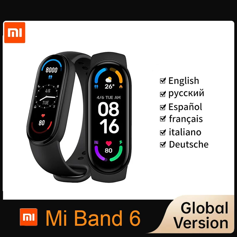 

Смарт-браслет Xiaomi Mi Band 6, водонепроницаемый фитнес-трекер с экраном AMOLED 5 1,56 дюйма