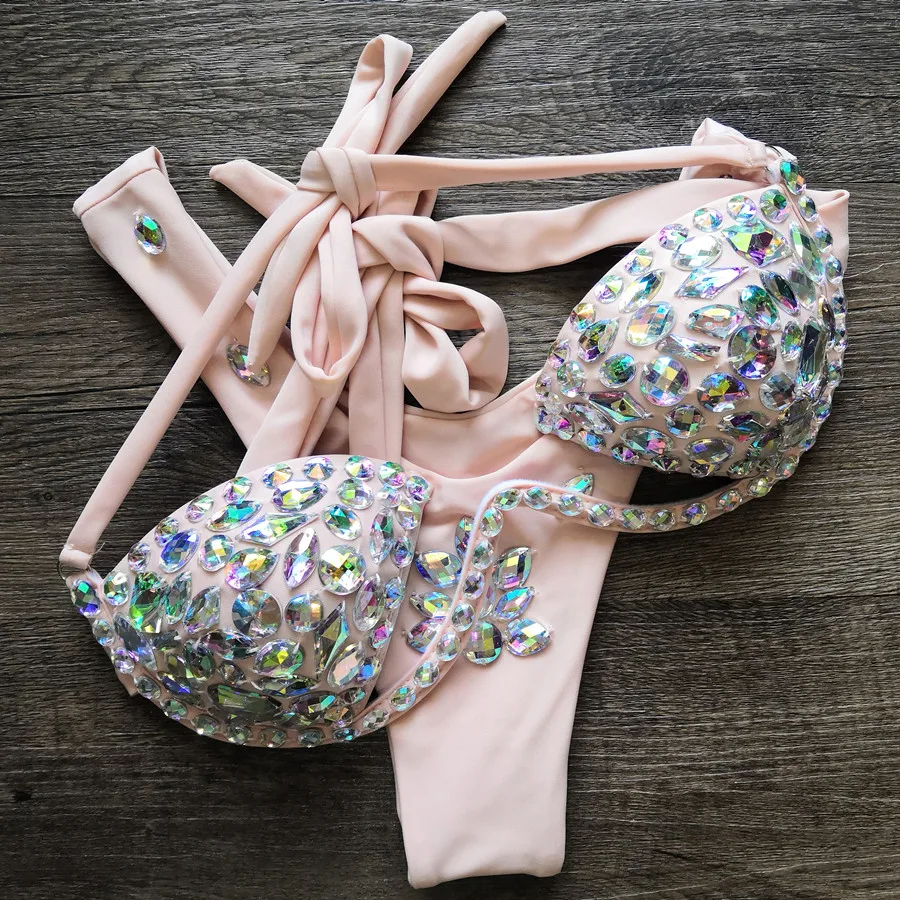 Женский купальник с кристаллами VIKINII серебристый пуш ап со стразами