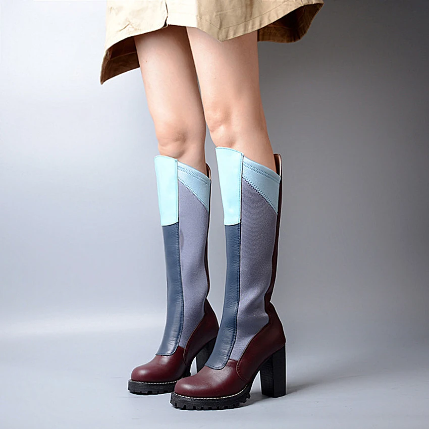 Koop Prova Perfetto Europese Mode Echt Leer Gemengde Kleur Stretch Knie Hoge Laarzen Vrouwen Vierkante Teen Lange Laarzen Winter