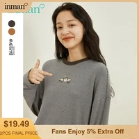 inman autumn winter oversized t shirt women color contrast round collar classic stripes fun embroidery loose casual top