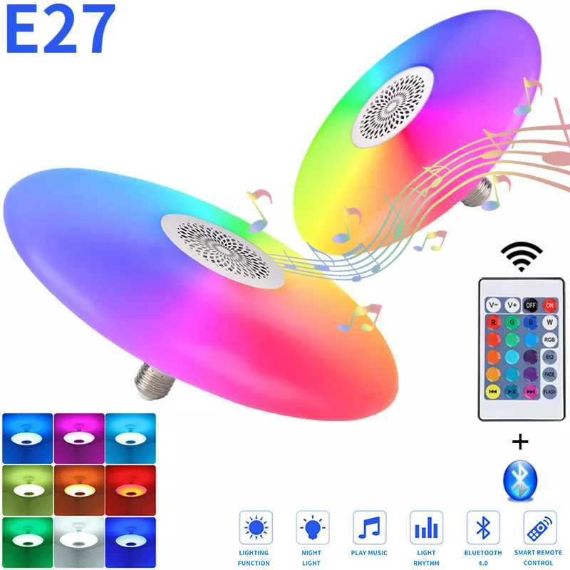 

E27 RGBW LED Bulb Lights 18W 24W 48W 85V 260V Lampada Changeable Colorful RGB Bluetooth LED Lamp With IR Remote Control