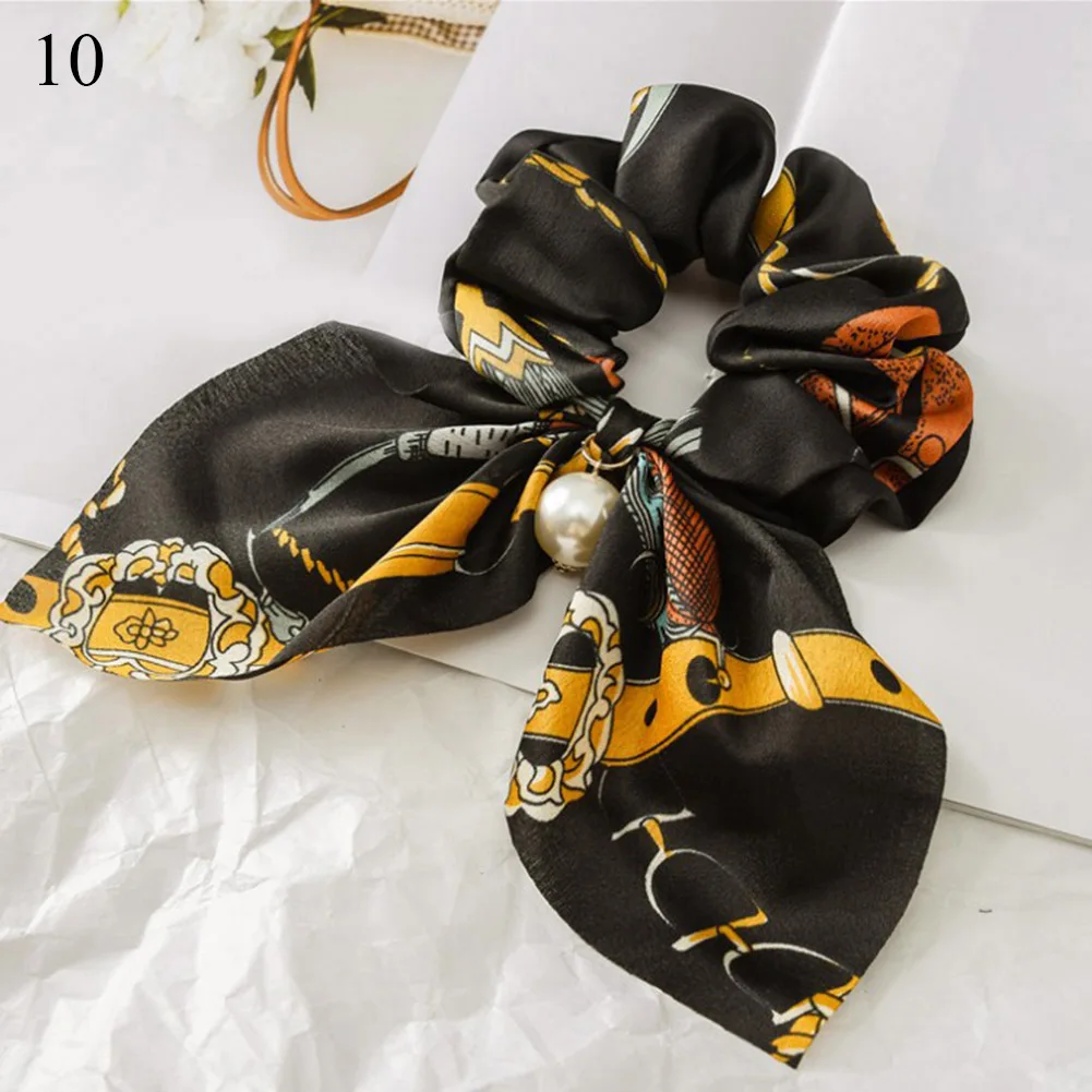 

Women Vintage Silk Hair Scrunchies With Pearl Print Rabbit Ear Scrunchie For Girls Hair Ties Holder Gum For Hair Accessories