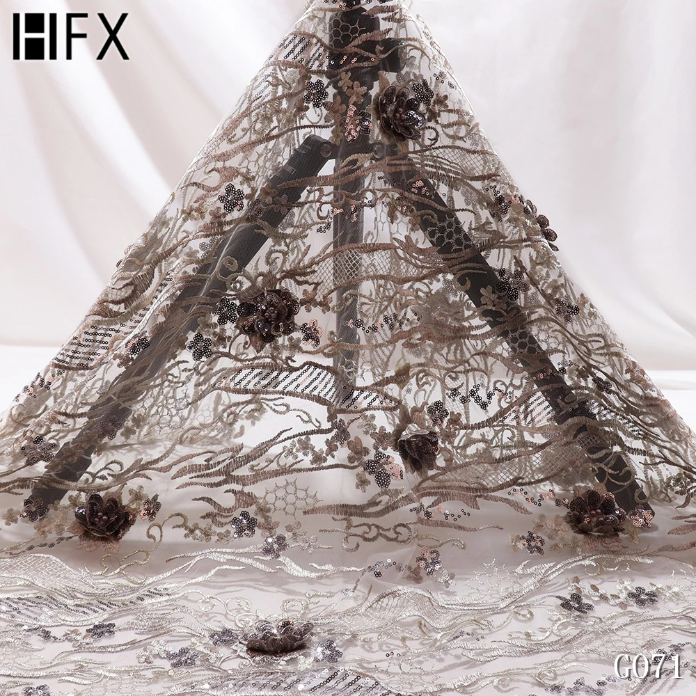Кружевная ткань HFX 2020 французская кружевная с блестками и 3d цветами расшитая