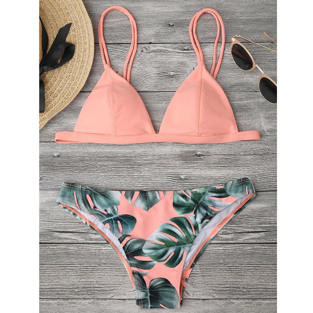 

2021 Sexy Leaf Print Bikini Female Swimsuit Women Swimwear Thong Push Up Bikinis Set High Waist Swimming Suits Ropa Mujer