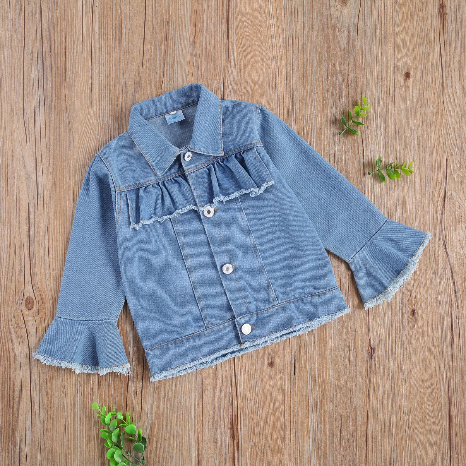 

Spring Stylish Kids Girls Denim Jacket Outfits Blue Solid Flare Long Sleeve Ruffles Single Breasted Button Coat 2-7Y