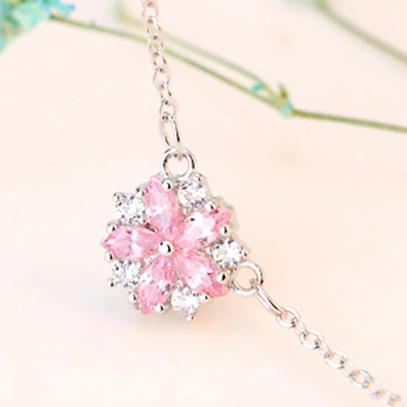 

New Hot Pink Cubic Zirconia Sakura Flowers Cherry Blossoms Stud Earrings Cherry Blossom Necklace For Women Girl Romantic Jewelry