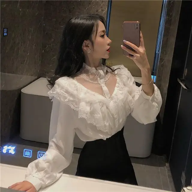 

HStar 2020 spring Turtleneck Blouses Women Lace Patchwork Long Sleeve Shirts Female Solid Vintage Tops Korean Blusas Mujer