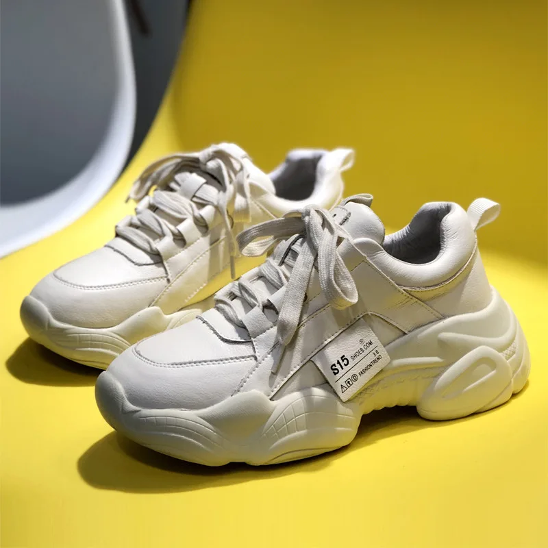 New White Leather Sneakers Women Autumn Fashion Comfortable Round Toe Thick-soled Sports Lace-up Non-slip Casual Women's Shoes