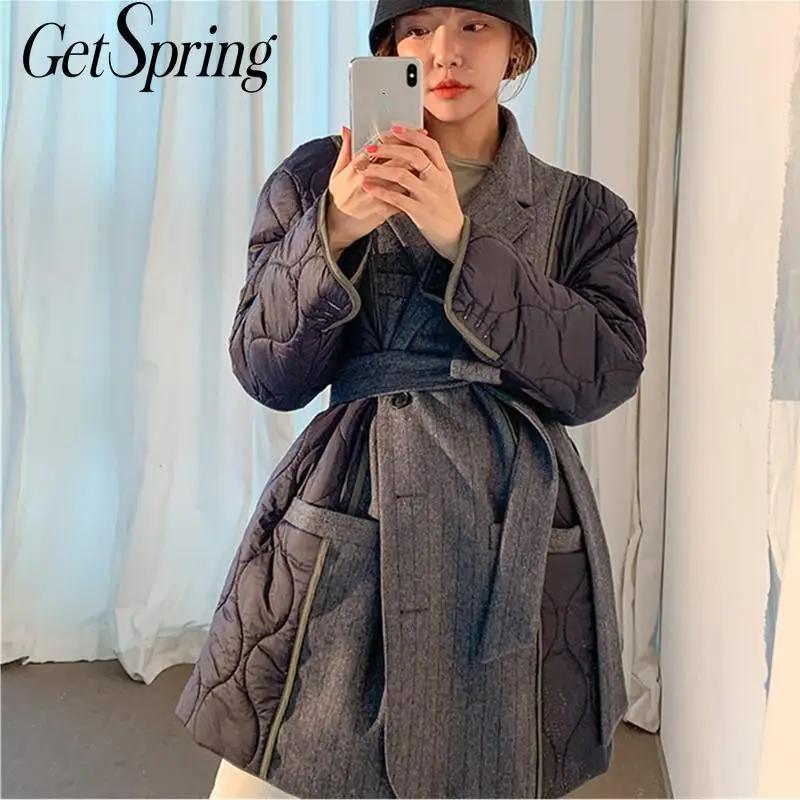 GetSpring Женская парка лоскутное зимнее пальто с хлопковой подкладкой на шнуровке