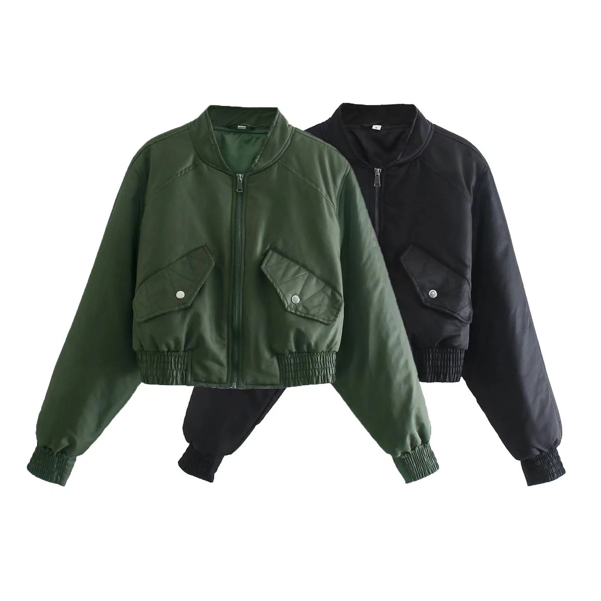 

Women Autumn Winter Green Black Polyester Warm Pilot Jacket Coat Female Stand Collar Zipper Front Pocket Thick Casaco Top