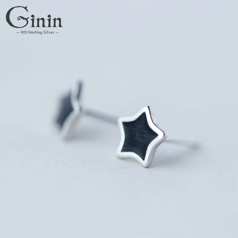 

Ginin Real 925 Sterling Silver Stud Earrings Women's Korean-Style Black Star Female Artistic Party Gift Wedding Fashion Jewelry