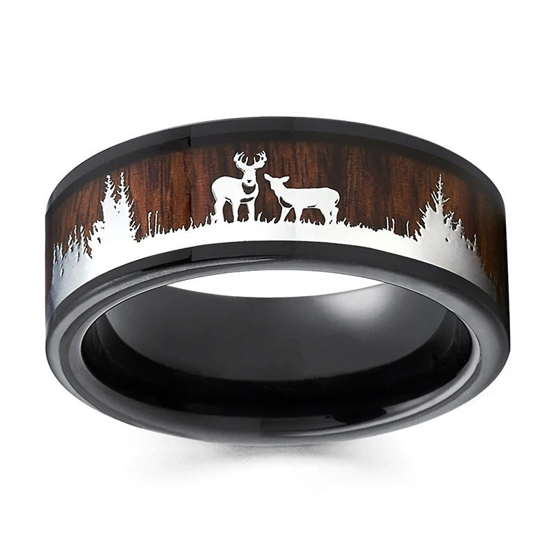 FDLK Vintage 8mm Men's Black Tungsten Hunting Ring Wood Inlay Antler Silhouette Suitable For Wedding Jewelry Gifts | Украшения и