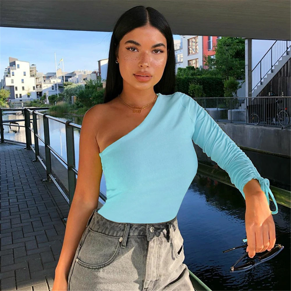 

Women T shirts Sexy One Shoulder Crop Tops Skew Collar Unique Drawstring Long Sleeve Slim Fit Solid Leisure Basic Bodycon Tees