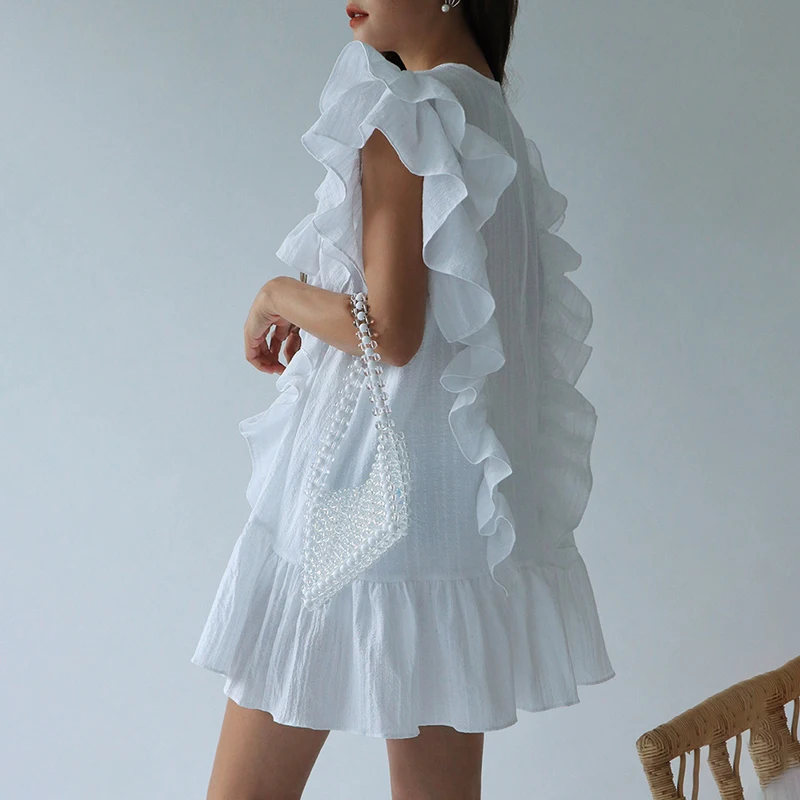 

Ruffles Straight Dress Women Cotton Vintage Summer Party Dress Loose O-Neck Butterfly Sleeve Elegant Dress Cocktail Sexy Club