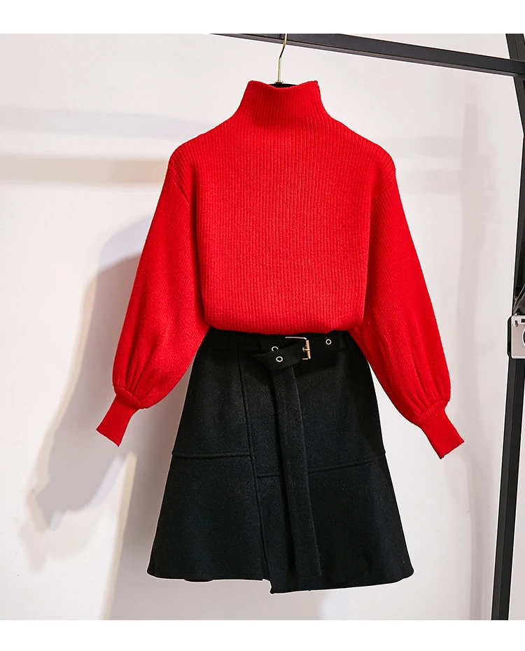 New Winter Pullover Sweater& Woolen Cloth Lantern Sleeve Knitted Top Irregular Skirt Suit With Belt Outfit Casaul Clothes