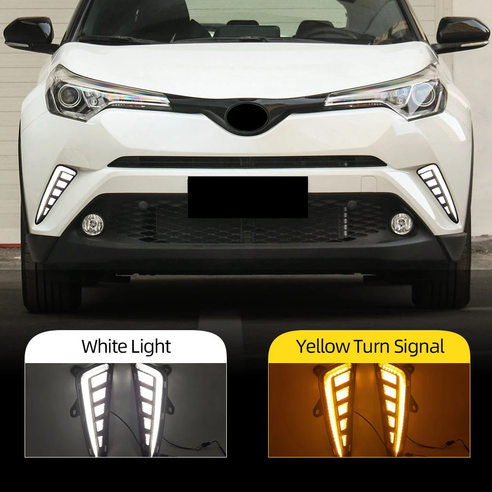 1 Pair Car LED DRL Daytime Running Light For Toyota C-HR CHR 2016 2017 2018 2019 with dynamic Yellow Turn Signal fog lamp |