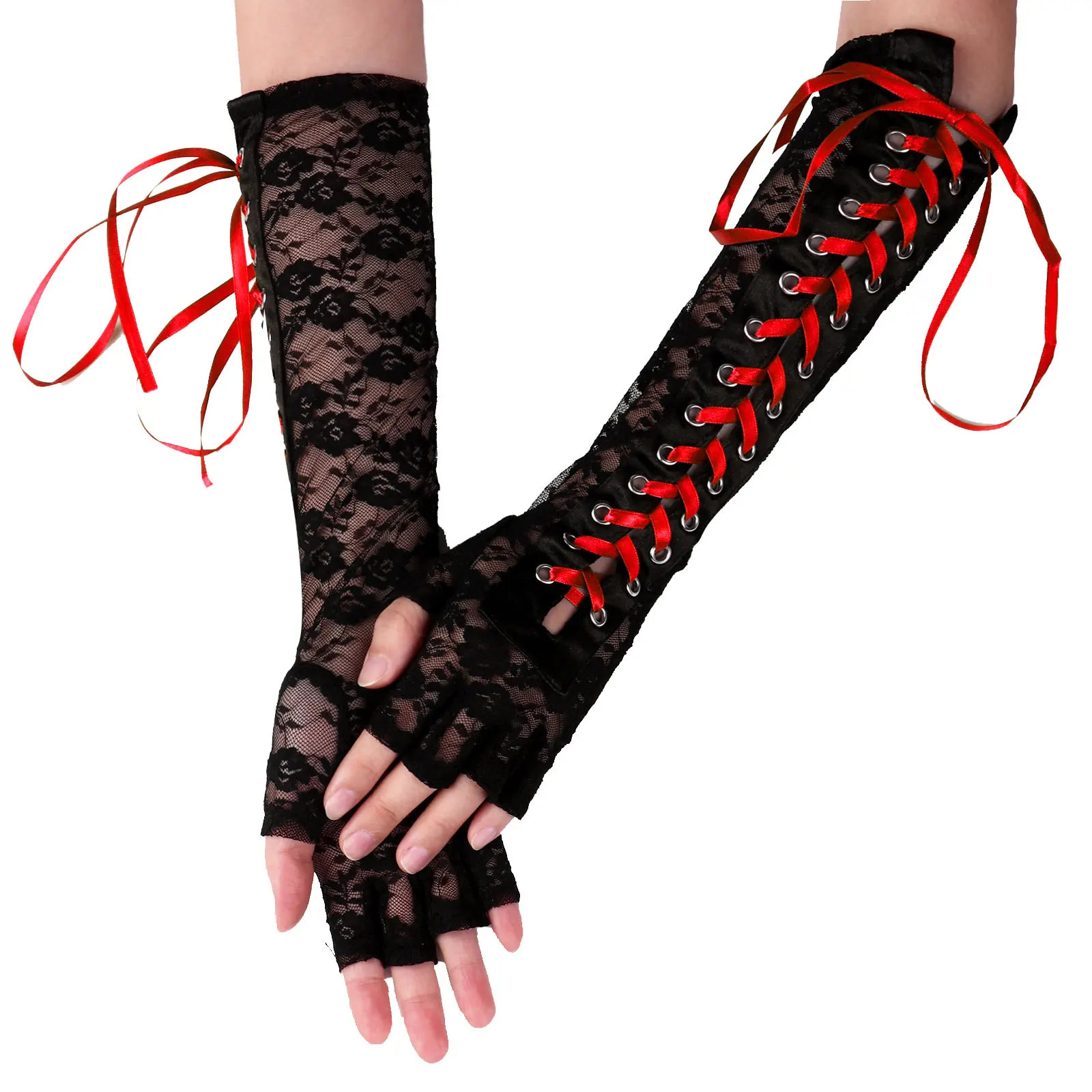 

Women Wedding Party Gloves Elegant Bride Lace Glove Ribbon Strap Crisscross Tied Arm Sleeves Sexy See Through Fingerless Gloves
