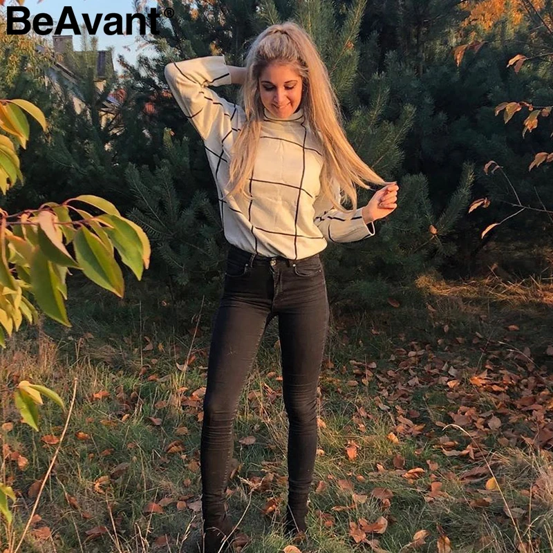 BeAvant осень водолазка клетчатый женский пуловер Повседневный офисный вязаный Топ