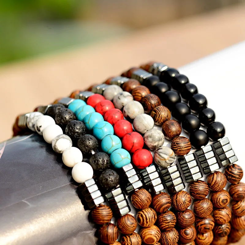 OIQUEI Модные мужские женские деревянные браслеты Подвески гематит 6 мм натуральный