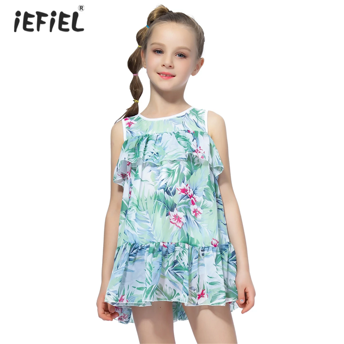 

Летняя одежда для девочек 2021, платье-пачка без рукавов с цветочным принтом и оборками, Детские платья для дня рождения, пляжная одежда для девочек