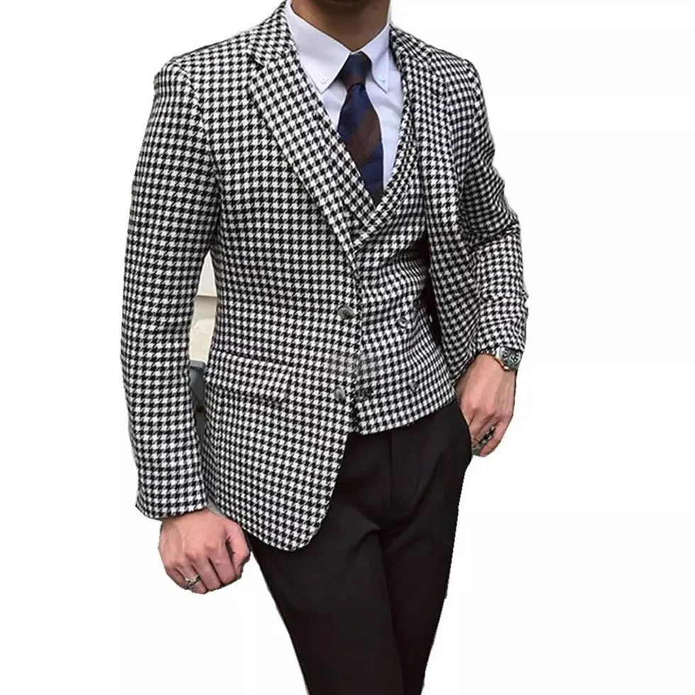 

Classic Men Suits 3 Pieces Slim Fit Casual Business Gentleman Houndstooth Wool Suits Groom Tuxedos for Formal Wedding Activity