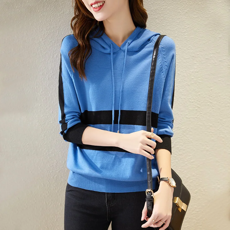 

Autumn and Winter Striped Women's Sweater Loose Hooded Collar Long Sleeve Hedging Knitting Fashion Casual Women's Clothing Tops