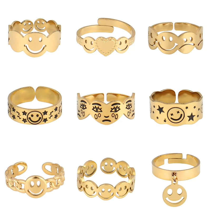 

Vintage Smile Face Ring Stainless Steel Rings For Women Open Finger Ring Geometric Gold Silver Color Adjustable Ring Jewelry