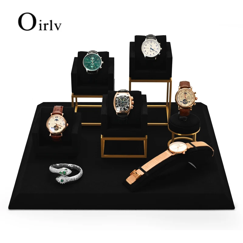Oirlv Newly Black Metal Watch Display Props Set Watch Display Stands with Microfiber Jewelry Organizer Stands for Shop Cabinet