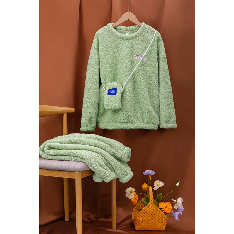 Sleeping Wear Set for Women Solid Color Round Neck Plush Pajamas Woman Winter Plus Size Flannel Thick Pajamas Home Clothes