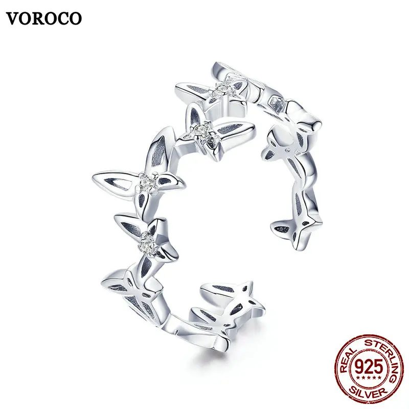 VOROCO 100% Настоящее серебро 925 пробы кольца с бабочкой для женщин Свадебная помолвка
