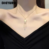dieyuro 316l stainless steel high class vintage jade leaf tassel pendant necklace female temperament long jewelry exquisite gift