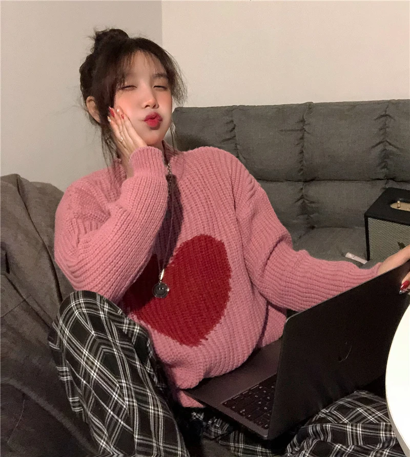 Корейский Зимний новый милый свитер с узором в форме сердца винтажный пуловер