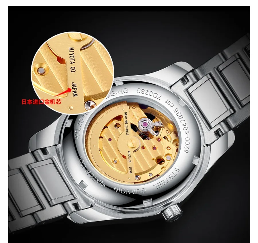 GUANQIN Japan MIYOTA Quartz Movement Automatic Mechanical Watch Men Luxury Tungsten Steel Push Button Hidden Clasp Male Clock