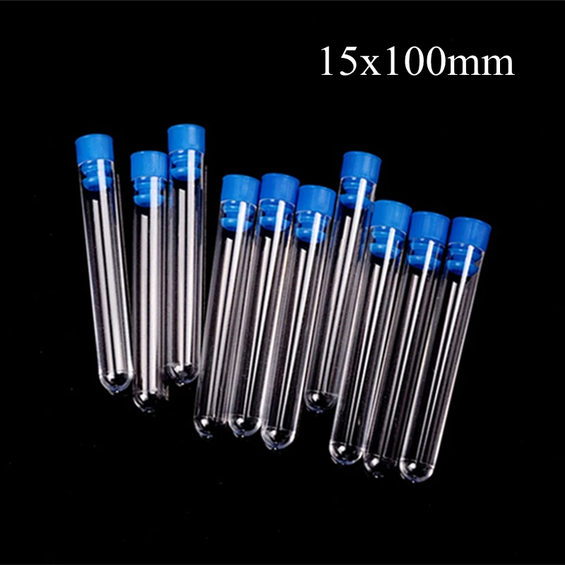 

10Pcs/Lot 15x100mm Chemistry Clear Plastic Test Tube Hard Plastic Test Tube with Blue Wing Plug Wholesale High Quality