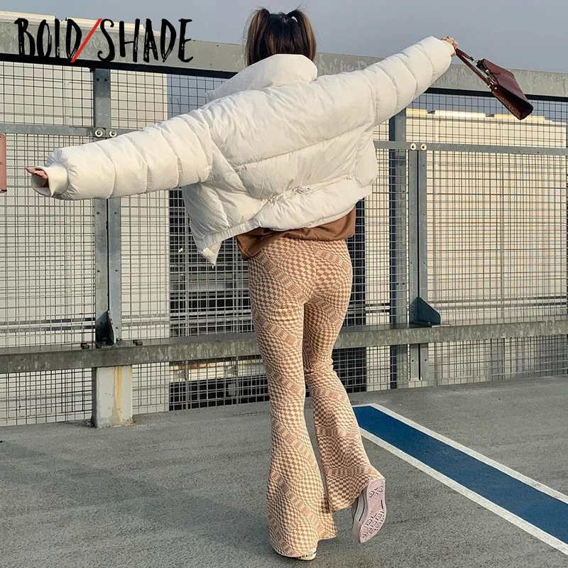 

Bold Shade Urban Streetwear Style Boot Cut Pants Indie Plaid Skinny Patchwork Grunge Pants Fashion Women High Waist Retro Cloth